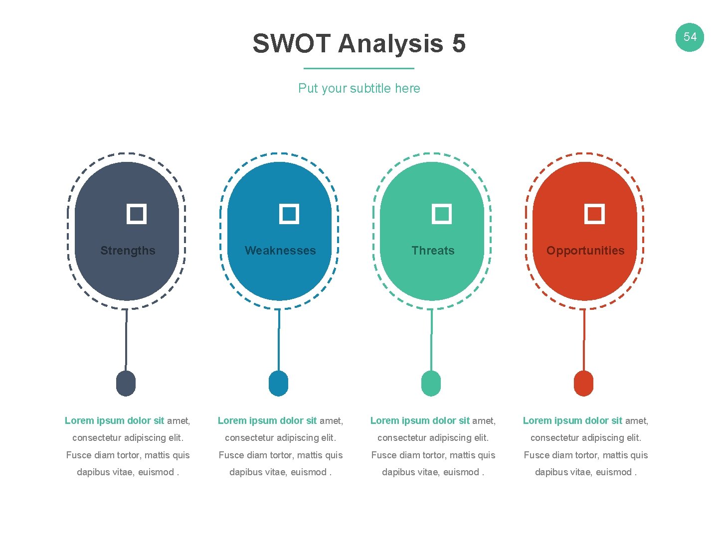 SWOT Analysis 5 54 Put your subtitle here � � Strengths Weaknesses Threats Opportunities