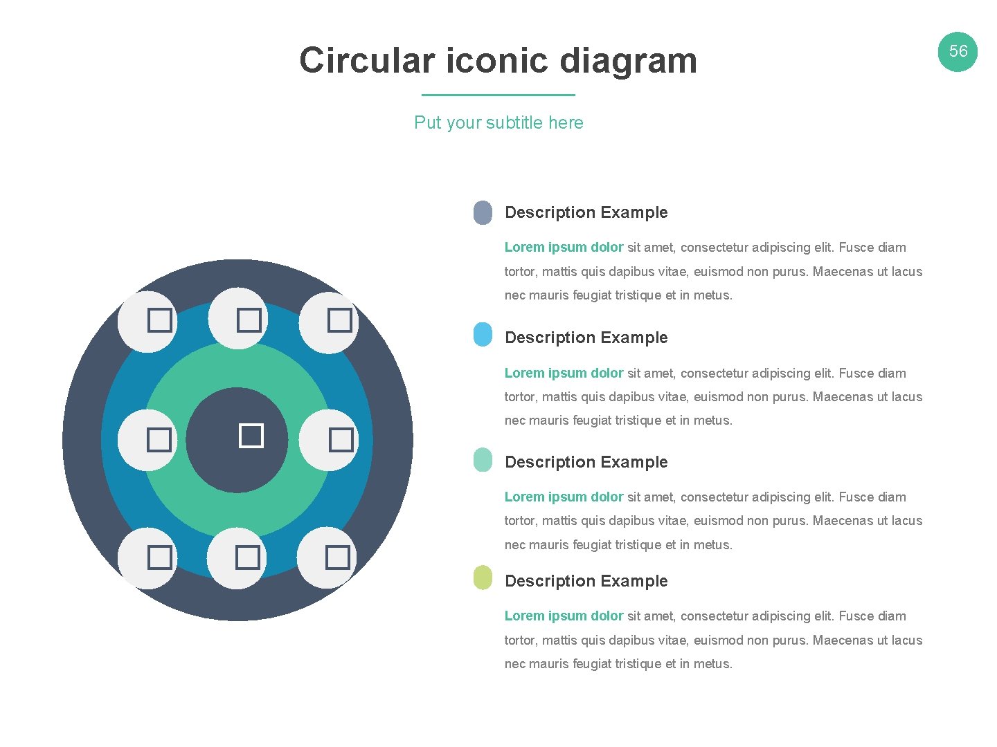 Circular iconic diagram Put your subtitle here Description Example Lorem ipsum dolor sit amet,