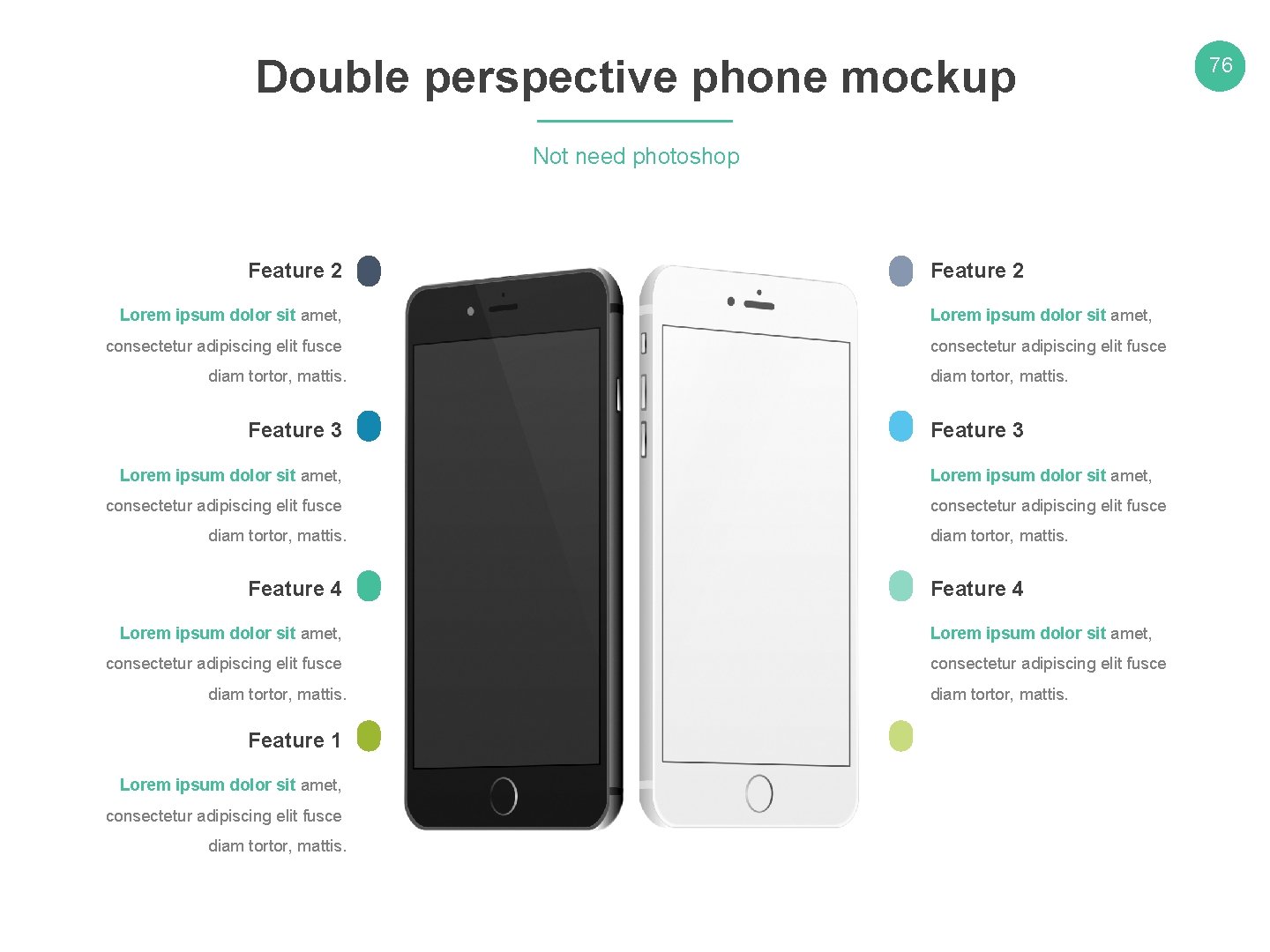 Double perspective phone mockup Not need photoshop Feature 2 Lorem ipsum dolor sit amet,