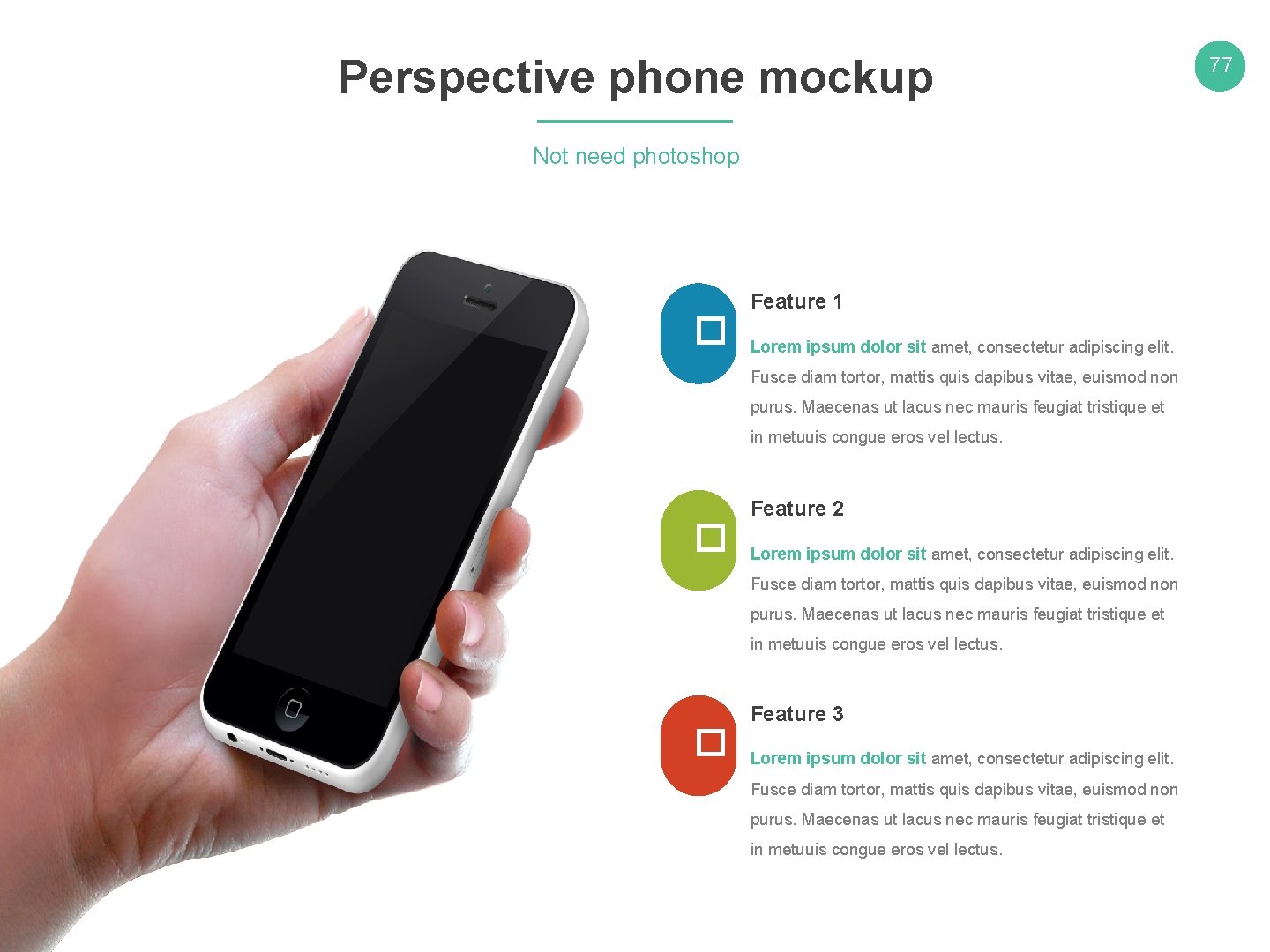 Perspective phone mockup Not need photoshop � Feature 1 Lorem ipsum dolor sit amet,