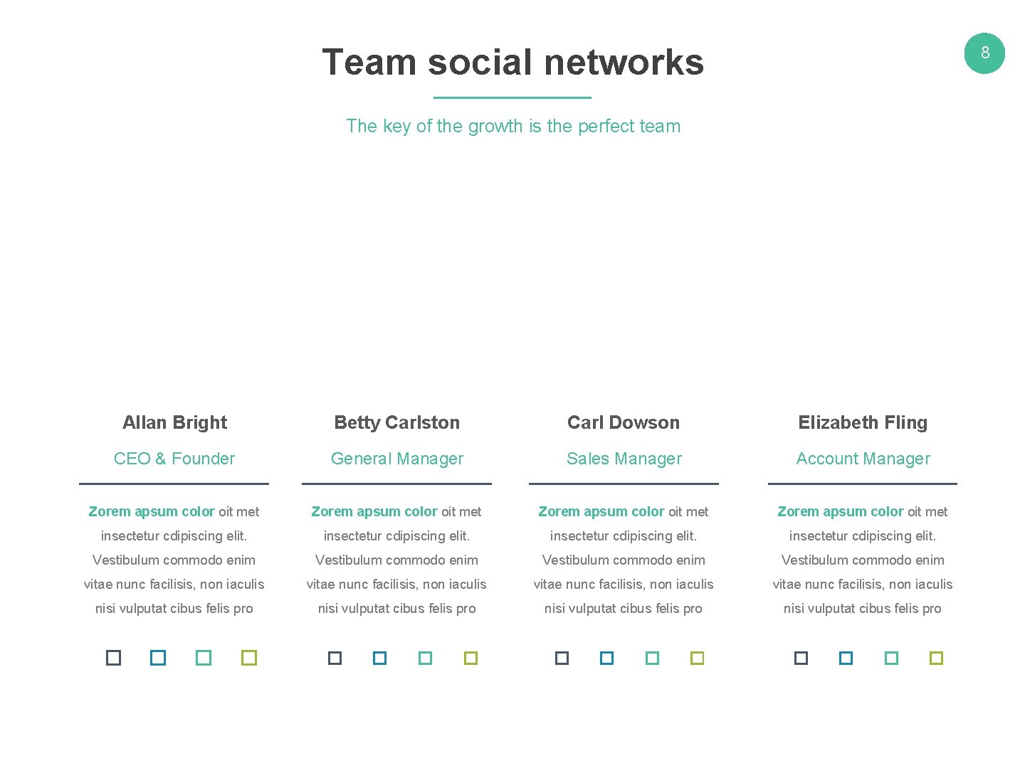 Team social networks 8 The key of the growth is the perfect team Allan