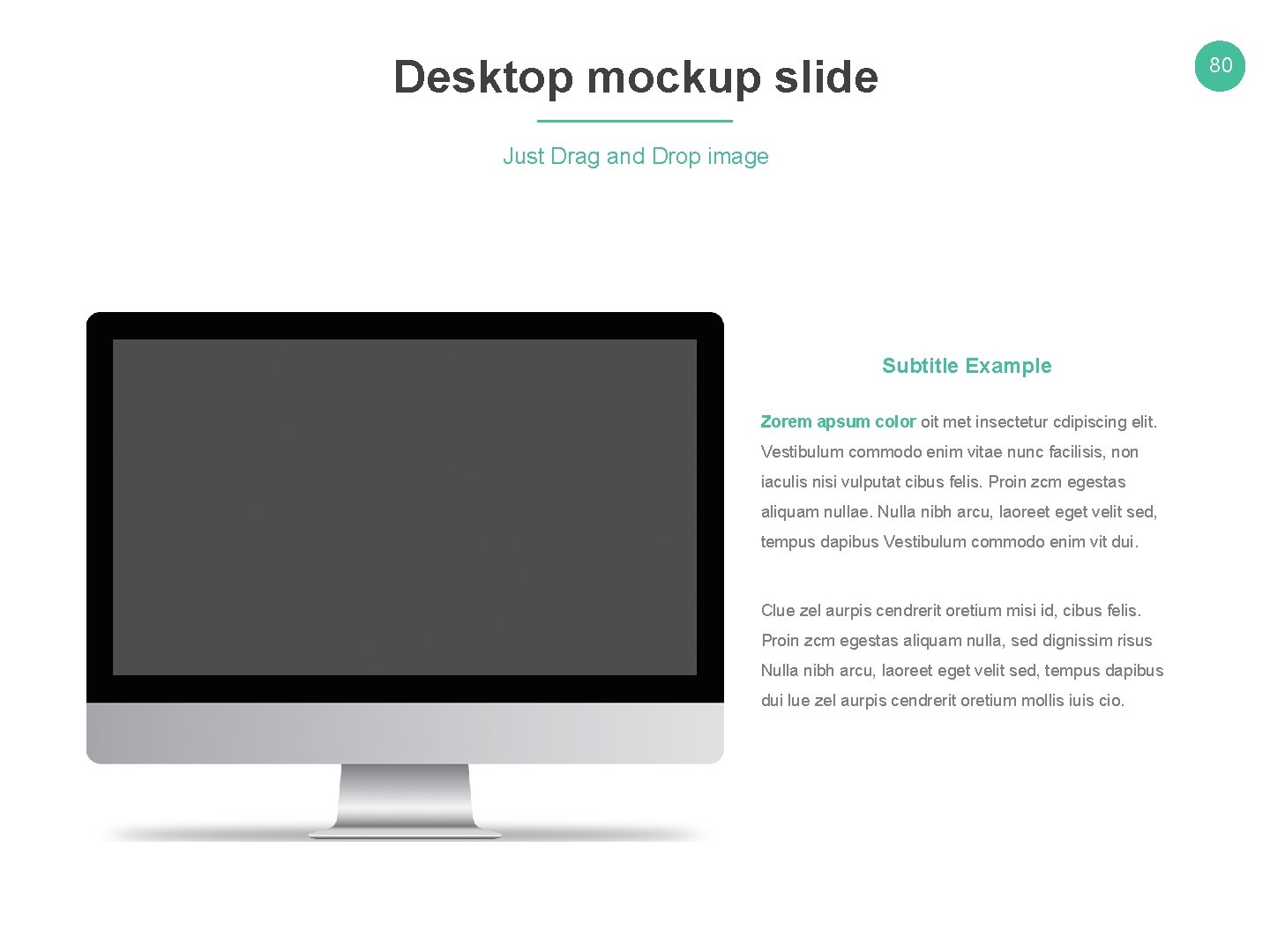 Desktop mockup slide 80 Just Drag and Drop image Subtitle Example Zorem apsum color