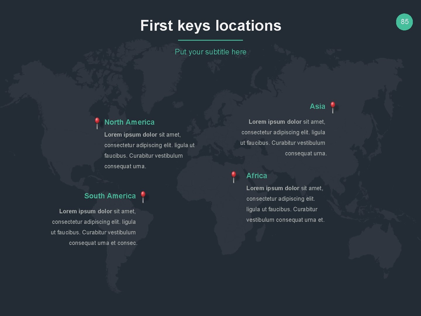 First keys locations 85 Put your subtitle here Asia North America Lorem ipsum dolor