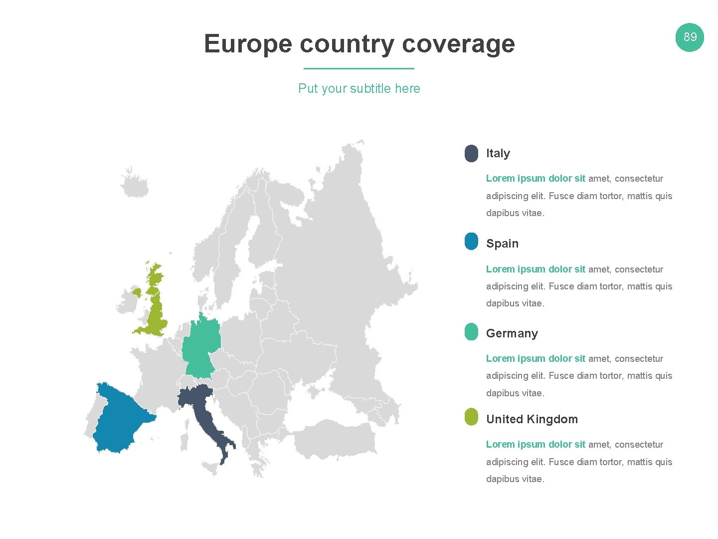 Europe country coverage Put your subtitle here Italy Lorem ipsum dolor sit amet, consectetur