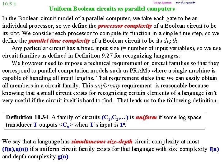 10. 5. b Giorgi Japaridze Theory of Computability Uniform Boolean circuits as parallel computers