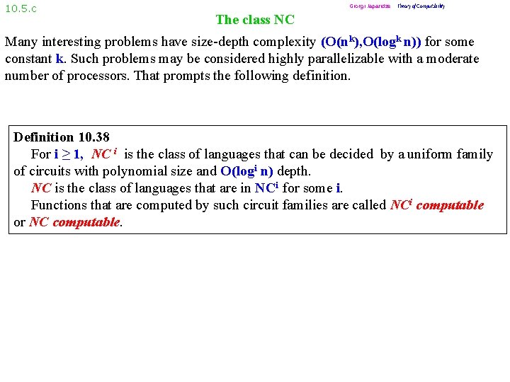 10. 5. c Giorgi Japaridze Theory of Computability The class NC Many interesting problems