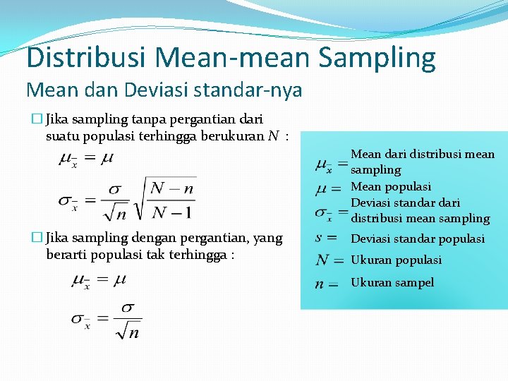 Distribusi Mean-mean Sampling Mean dan Deviasi standar-nya � Jika sampling tanpa pergantian dari suatu