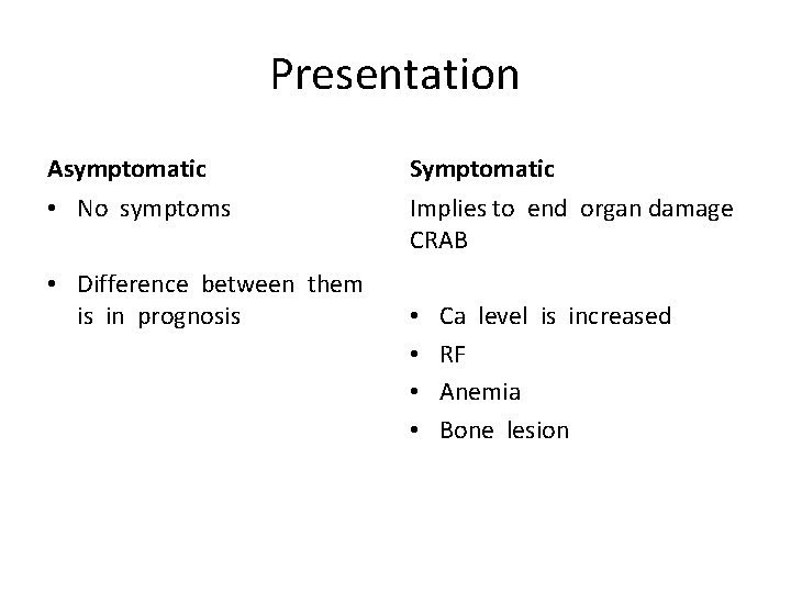 Presentation Asymptomatic Symptomatic • No symptoms Implies to end organ damage CRAB • Difference Presentation Asymptomatic Symptomatic • No symptoms Implies to end organ damage CRAB • Difference