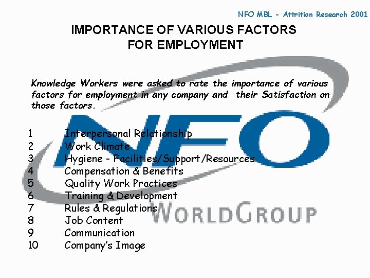 NFO MBL - Attrition Research 2001 IMPORTANCE OF VARIOUS FACTORS FOR EMPLOYMENT Knowledge Workers