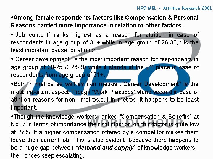 NFO MBL - Attrition Research 2001 • Among female respondents factors like Compensation &