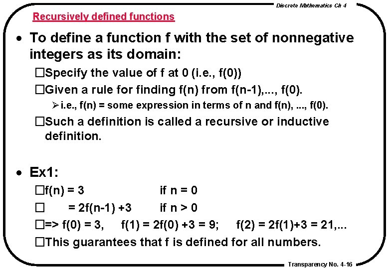 Discrete Mathematics Ch 4 Recursively defined functions · To define a function f with Discrete Mathematics Ch 4 Recursively defined functions · To define a function f with
