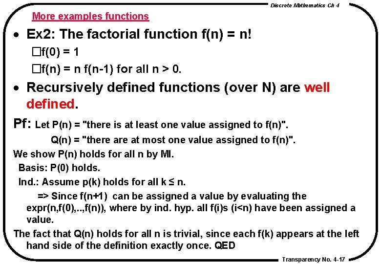 Discrete Mathematics Ch 4 More examples functions · Ex 2: The factorial function f(n) Discrete Mathematics Ch 4 More examples functions · Ex 2: The factorial function f(n)