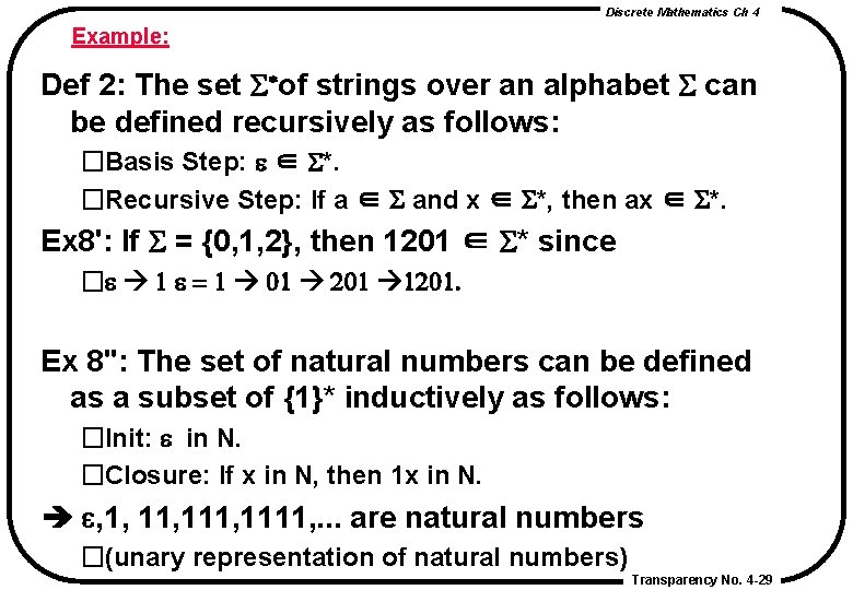 Discrete Mathematics Ch 4 Example: Def 2: The set S*of strings over an alphabet Discrete Mathematics Ch 4 Example: Def 2: The set S*of strings over an alphabet