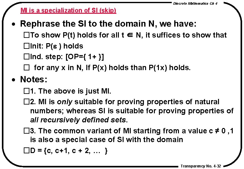Discrete Mathematics Ch 4 MI is a specialization of SI (skip) · Rephrase the Discrete Mathematics Ch 4 MI is a specialization of SI (skip) · Rephrase the