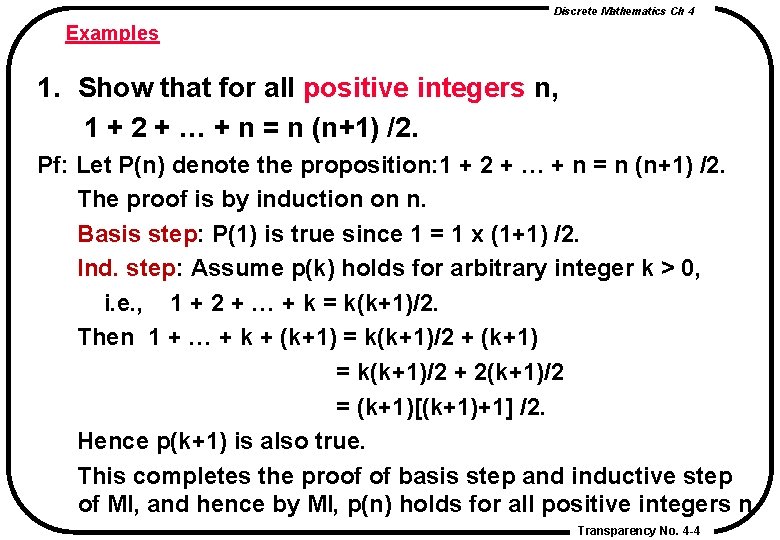 Discrete Mathematics Ch 4 Examples 1. Show that for all positive integers n, 1 Discrete Mathematics Ch 4 Examples 1. Show that for all positive integers n, 1