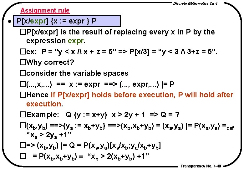 Discrete Mathematics Ch 4 Assignment rule · P[x/expr] {x : = expr } P