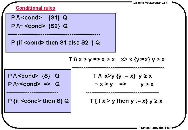 Discrete Mathematics Ch 4 Conditional rules P / <cond> {S 1} Q P /~ Discrete Mathematics Ch 4 Conditional rules P / <cond> {S 1} Q P /~