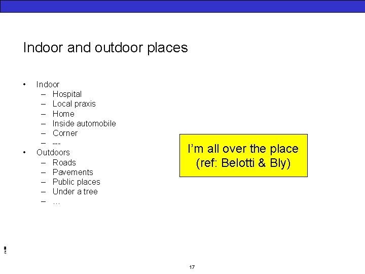 Indoor and outdoor places • I’m all over the place (ref: Belotti & Bly)