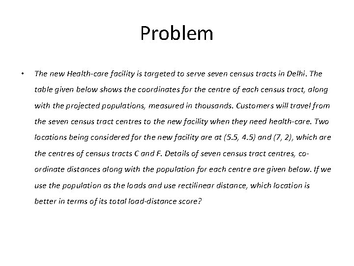 Problem • The new Health-care facility is targeted to serve seven census tracts in