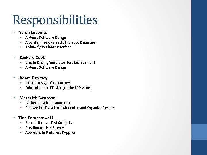 Responsibilities • Aaron Lecomte • Arduino Software Design • Algorithm for GPS and Blind