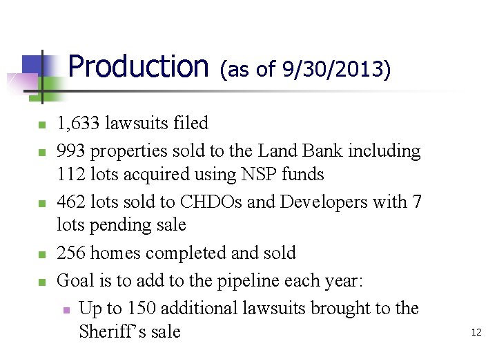 Production n n (as of 9/30/2013) 1, 633 lawsuits filed 993 properties sold to