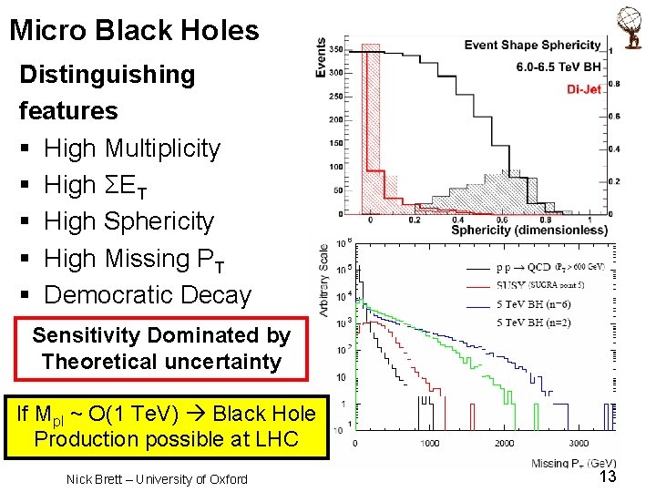 Micro Black Holes Distinguishing features § High Multiplicity § High ΣET § High Sphericity