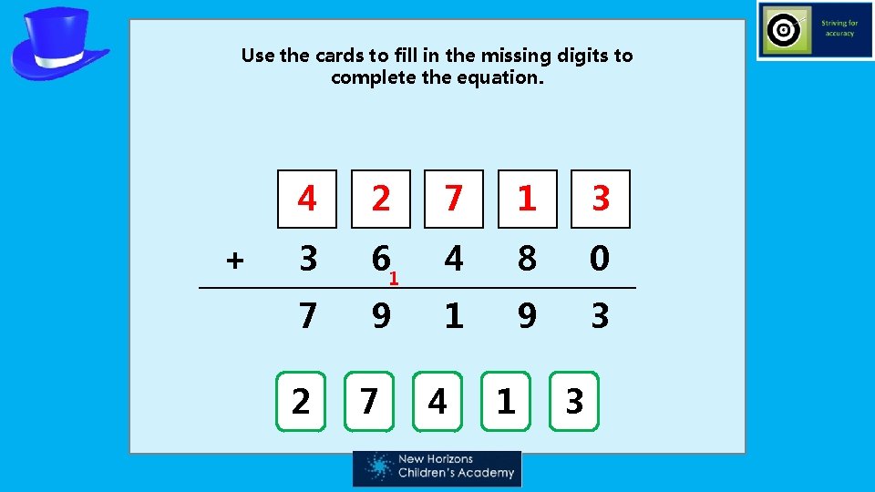 Use the cards to fill in the missing digits to complete the equation. +