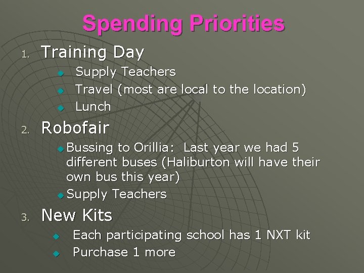 Spending Priorities 1. Training Day u u u 2. Supply Teachers Travel (most are