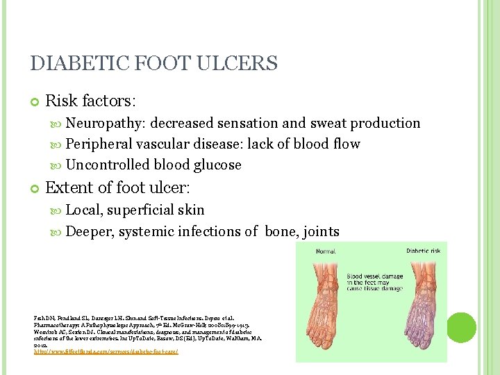 DIABETIC FOOT ULCERS Risk factors: Neuropathy: decreased sensation and sweat production Peripheral vascular disease: