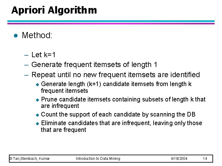 Apriori Algorithm l Method: – Let k=1 – Generate frequent itemsets of length 1