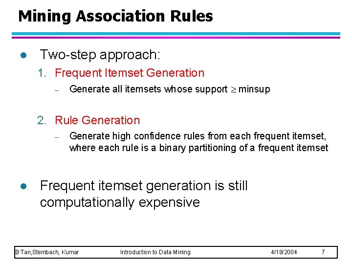 Mining Association Rules l Two-step approach: 1. Frequent Itemset Generation – Generate all itemsets