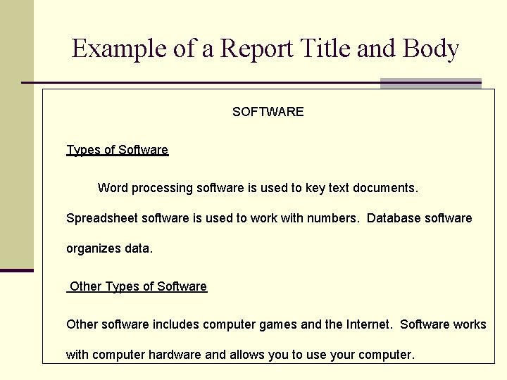 Example of a Report Title and Body SOFTWARE Types of Software Word processing software
