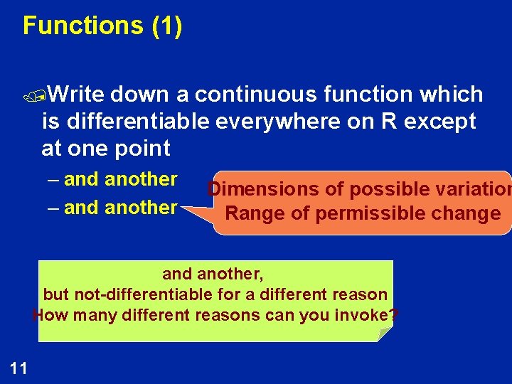 Functions (1) /Write down a continuous function which is differentiable everywhere on R except