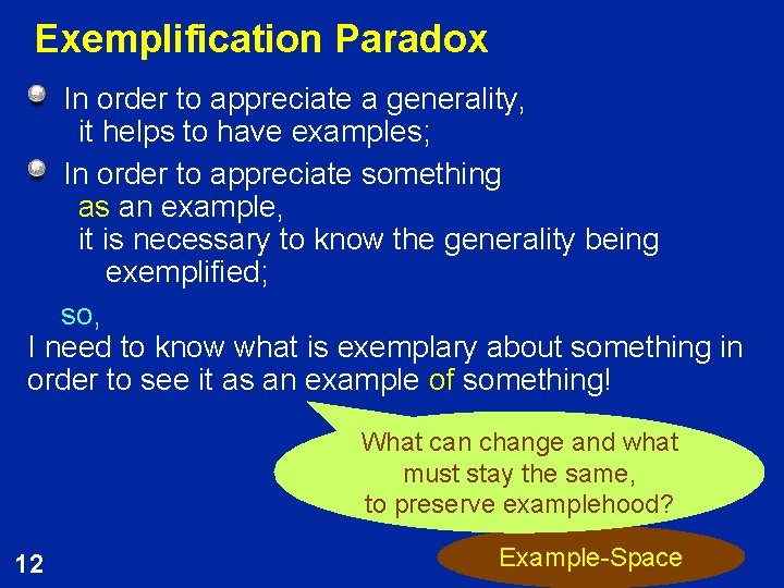 Exemplification Paradox In order to appreciate a generality, it helps to have examples; In