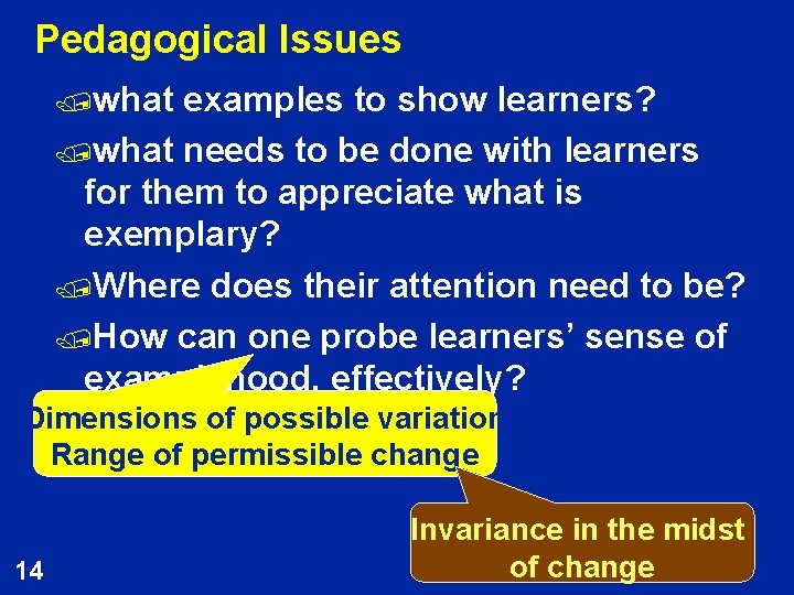 Pedagogical Issues /what examples to show learners? /what needs to be done with learners