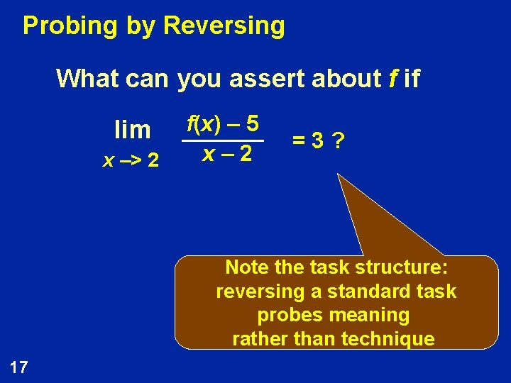 Probing by Reversing What can you assert about f if lim x –> 2