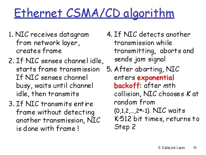 Ethernet CSMA/CD algorithm 1. NIC receives datagram 4. If NIC detects another from network