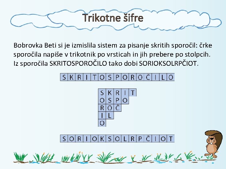 Trikotne šifre Bobrovka Beti si je izmislila sistem za pisanje skritih sporočil: črke sporočila