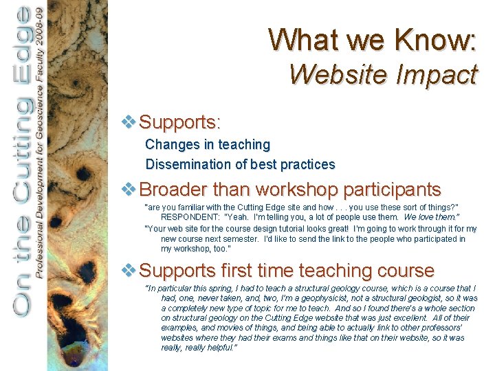 What we Know: Website Impact v Supports: Changes in teaching Dissemination of best practices