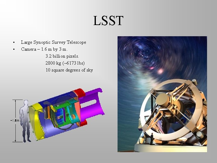 LSST • • Large Synoptic Survey Telescope Camera – 1. 6 m by 3