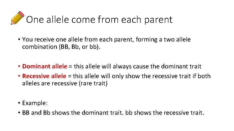 One allele come from each parent • You receive one allele from each parent,