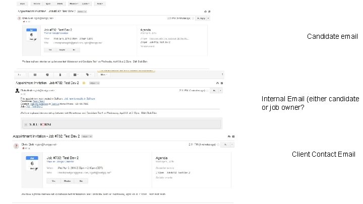 Candidate email Internal Email (either candidate or job owner? Client Contact Email 