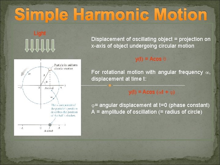 Simple Harmonic Motion Light Displacement of oscillating object = projection on x-axis of object