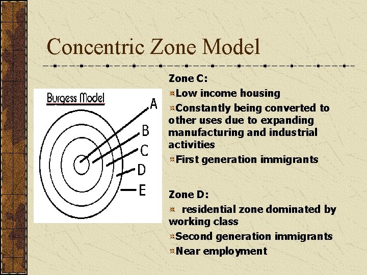 Concentric Zone Model Zone C: Low income housing Constantly being converted to other uses