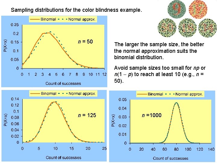 Sampling distributions for the color blindness example. n = 50 The larger the sample