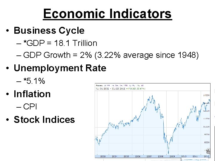 Economic Indicators • Business Cycle – *GDP = 18. 1 Trillion – GDP Growth