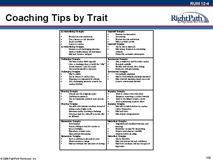 RUM 12 -4 Coaching Tips by Trait Accommodating Strengths Focused on issue and person
