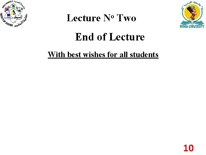 Lecture No Two End of Lecture With best wishes for all students 10 