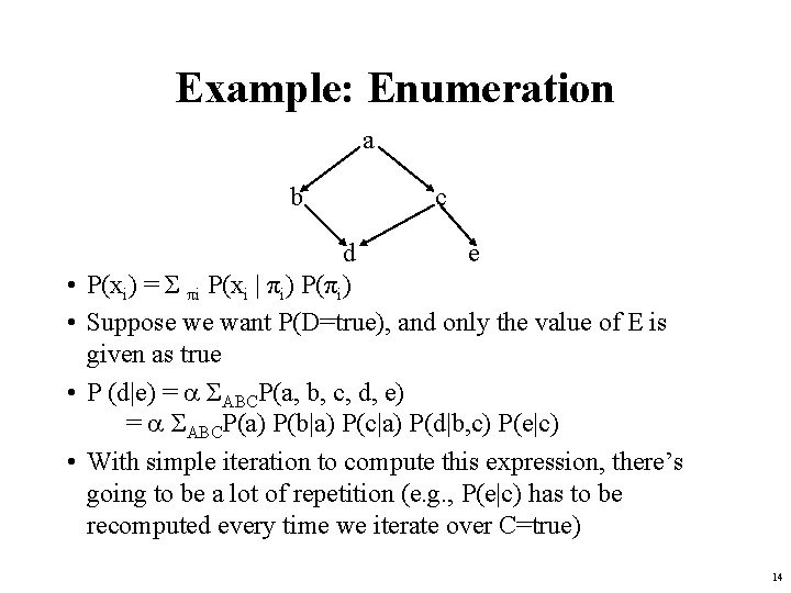 Example: Enumeration a b • • c d e P(xi) = Σ πi P(xi