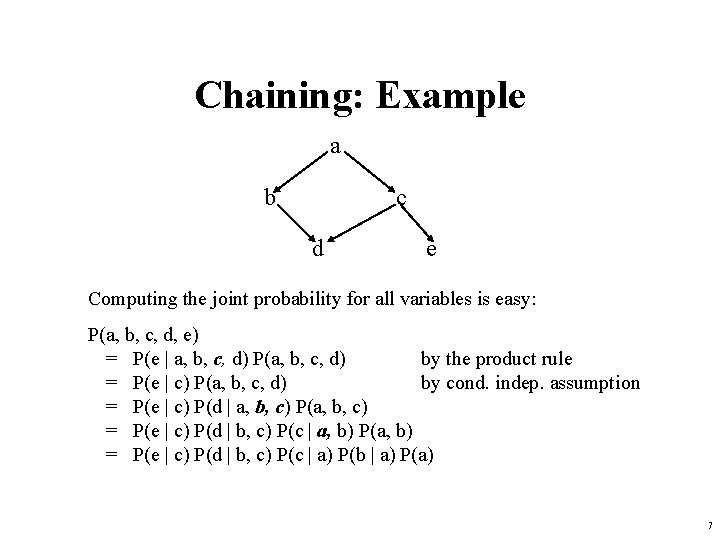 Chaining: Example a b c d e Computing the joint probability for all variables
